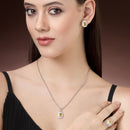 Rhodium Plated Silver Toned Oval Shaped Yellow American Diamond Studded Pendant Combo With Ring