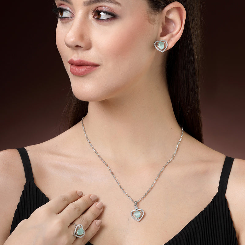 Rhodium Plated Silver Toned Heart Shaped Sea Blue American Diamond Studded Pendant Combo With Ring