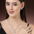 Rhodium Plated Silver Toned Sea Blue Tear Dropped Shaped American Diamond Studded Pendant Combo With Ring