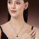 Rhodium Plated Silver Toned Royal Blue American Diamond Studded Pendant Combo With Ring