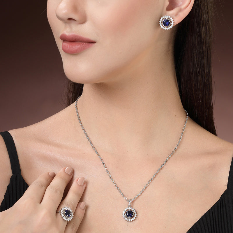 Rhodium Plated Silver Toned Subtle Pink American Diamond Studded Pendant Combo With Ring