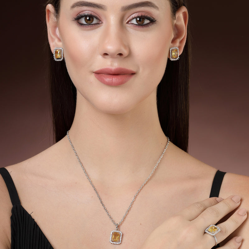 Rhodium Plated Silver Toned Yellow Square Shaped American Diamond Studded Pendant Combo With Ring