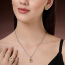 Rhodium Plated Silver Toned Yellow Square Shaped American Diamond Studded Pendant Combo With Ring
