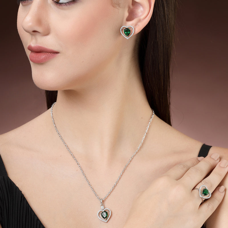 Rhodium Plated Silver Toned Heart Shaped Emerald Green American Diamond Studded Pendant Combo With Ring