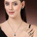 Rhodium Plated Silver Toned Heart Shaped Emerald Green American Diamond Studded Pendant Combo With Ring