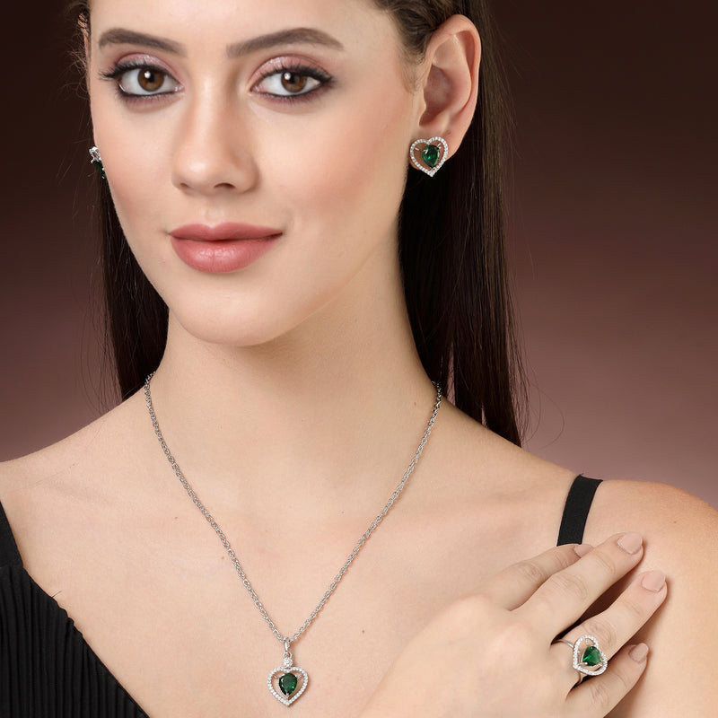 Rhodium Plated Silver Toned Heart Shaped Emerald Green American Diamond Studded Pendant Combo With Ring