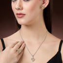 Rhodium Plated Silver Toned Heart Shaped Yellow American Diamond Studded Pendant Combo With Ring