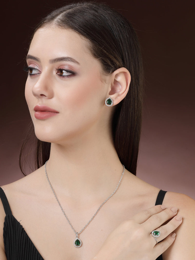 Rhodium Plated Silver Toned Tear Dropped Shaped Emerald Green American Diamond Studded Pendant Combo With Ring