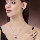 Rhodium Plated Silver Toned Tear Dropped Shaped Emerald Green American Diamond Studded Pendant Combo With Ring