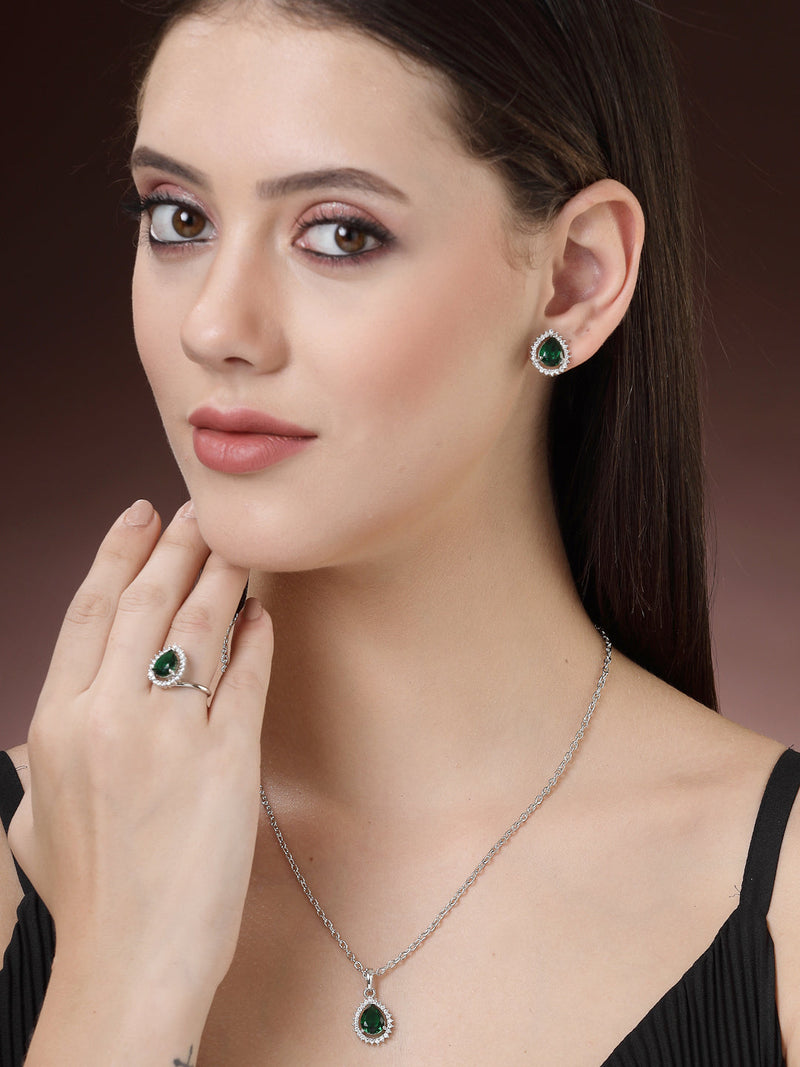 Rhodium Plated Silver Toned Tear Dropped Shaped Emerald Green American Diamond Studded Pendant Combo With Ring
