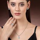 Rhodium Plated Silver Toned Oval Shaped Sea Blue American Diamond Studded Pendant Combo With Ring
