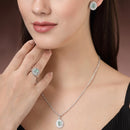 Rhodium Plated Silver Toned Oval Shaped Sea Blue American Diamond Studded Pendant Combo With Ring