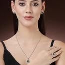 Rhodium Plated Silver Toned Emerald Green American Diamond Studded Pendant Combo With Ring