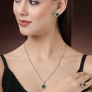 Rhodium Plated Silver Toned Emerald Green American Diamond Studded Pendant Combo With Ring