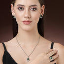 Rhodium Plated Silver Toned Green Tear Dropped  Shaped American Diamond Studded Pendant Combo With Ring