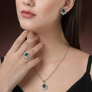 Rhodium Plated Silver Toned Green Tear Dropped  Shaped American Diamond Studded Pendant Combo With Ring