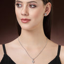 Rhodium Plated Silver Toned Heart Shaped White American Diamond Studded Pendant Set