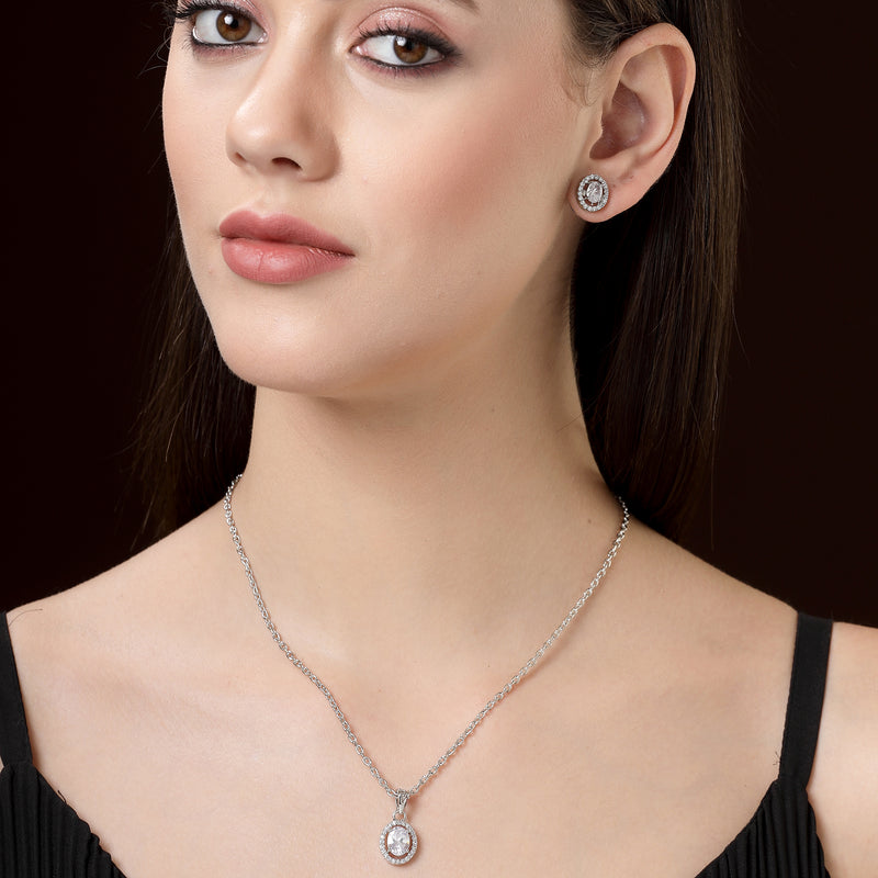 Rhodium Plated Silver Toned Oval Shaped White American Diamond Studded Pendant Set
