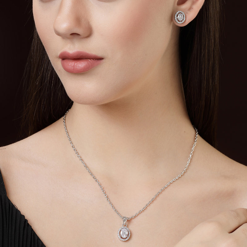 Rhodium Plated Silver Toned Oval Shaped White American Diamond Studded Pendant Set
