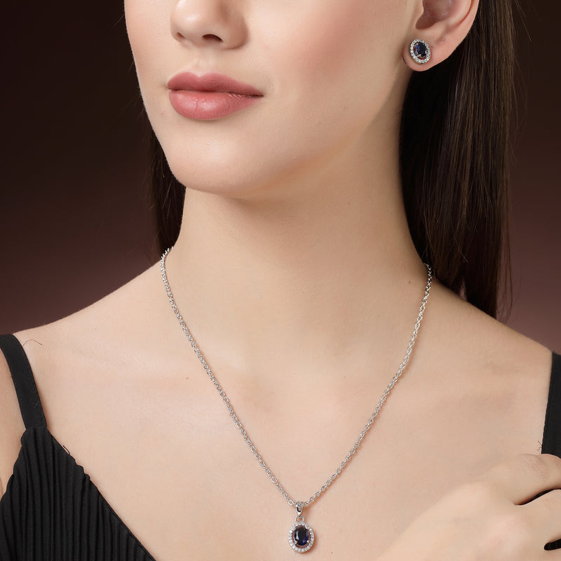 Rhodium Plated Silver Toned Oval Shaped Royal Blue American Diamond Studded Pendant Set