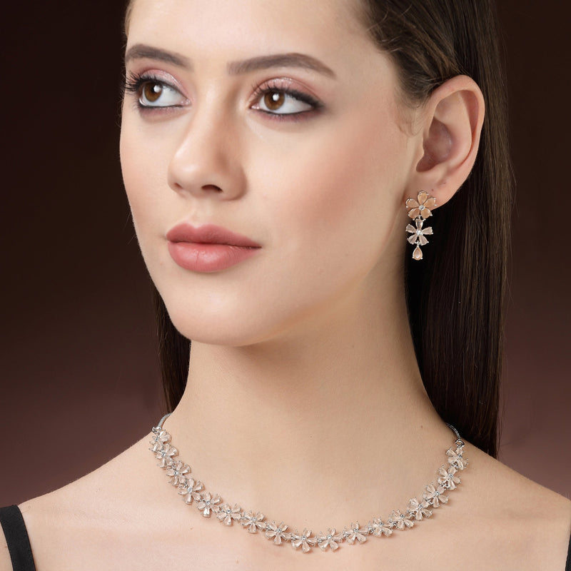 Rhodium Plated Silver Toned Floral Design Orange American Diamond Studded  Necklace With Matching Drop Earrings
