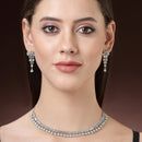 Rhodium Plated Silver Toned Sea Green American Diamond  Studded Classic Necklace With Floral Drop Earrings