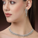Rhodium Plated Silver Toned Sea Green American Diamond  Studded Classic Necklace With Floral Drop Earrings