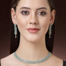 Rhodium Plated Silver Toned Sea Green Floral American Diamond Studded Necklace With Matching Earrings