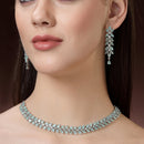 Rhodium Plated Silver Toned Sea Green Floral American Diamond Studded Necklace With Matching Earrings
