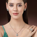 Rhodium Plated Silver Toned Square Shaped Sea Blue American Diamond Studded Pendant Combo With Ring