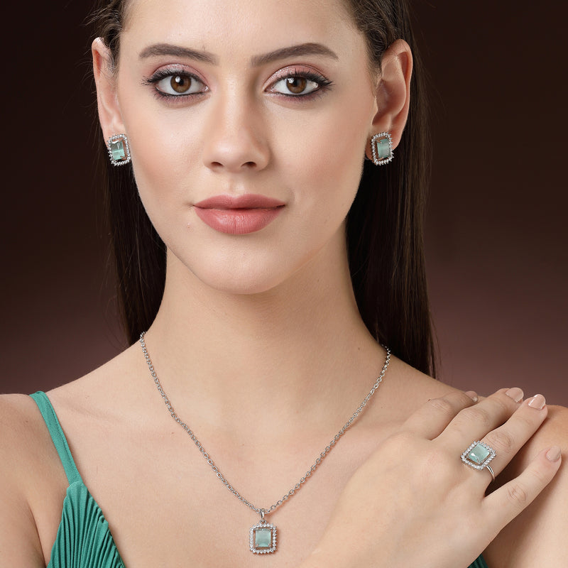 Rhodium Plated Silver Toned Square Shaped Sea Blue American Diamond Studded Pendant Combo With Ring