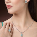 Rhodium Plated Silver Toned Square Shaped Sea Blue American Diamond Studded Pendant Combo With Ring