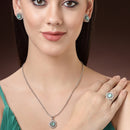 Rhodium Plated Silver Toned Sea Blue American Diamond Studded Pendant Combo With Ring