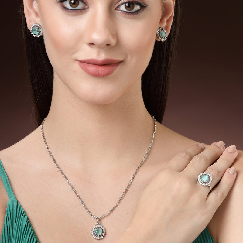 Rhodium Plated Silver Toned Sea Blue American Diamond Studded Pendant Combo With Ring