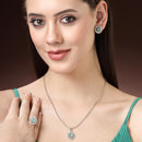 Rhodium Plated Silver Toned Sea Blue American Diamond Studded Pendant Combo With Ring