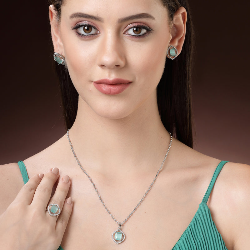 Rhodium Plated Silver Toned Sea Blue American Diamond Studded Pendant Combo With Ring