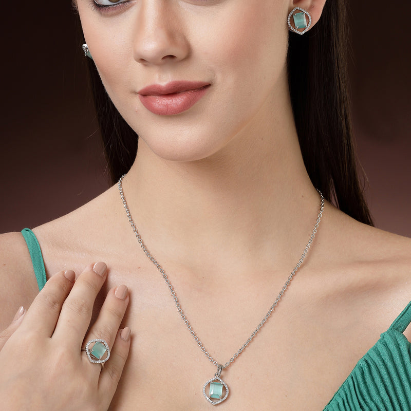 Rhodium Plated Silver Toned Sea Blue American Diamond Studded Pendant Combo With Ring