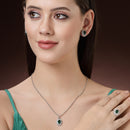Rhodium Plated Silver Toned Oval Shaped Emarald Green American Diamond Studded Pendant Combo With Ring