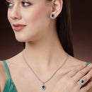 Rhodium Plated Silver Toned Oval Shaped Emarald Green American Diamond Studded Pendant Combo With Ring