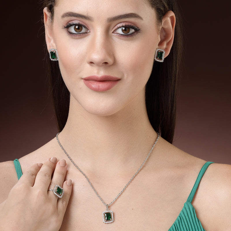 Rhodium Plated Silver Toned Emerald Square Shaped American Diamond Studded Pendant Combo With Ring