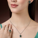 Rhodium Plated Silver Toned Emerald Square Shaped American Diamond Studded Pendant Combo With Ring