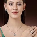 Rhodium Plated Silver Toned Tear Dropped Shaped Sea Blue American Diamond Studded Pendant Combo With Ring