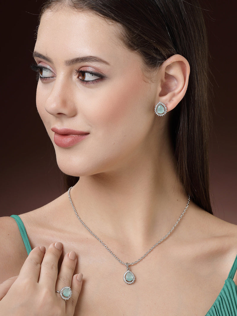 Rhodium Plated Silver Toned Tear Dropped Shaped Sea Blue American Diamond Studded Pendant Combo With Ring