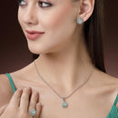 Rhodium Plated Silver Toned Tear Dropped Shaped Sea Blue American Diamond Studded Pendant Combo With Ring