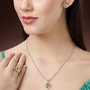 Rhodium Plated Silver Toned Yellow American Diamond Studded Pendant Combo With Ring