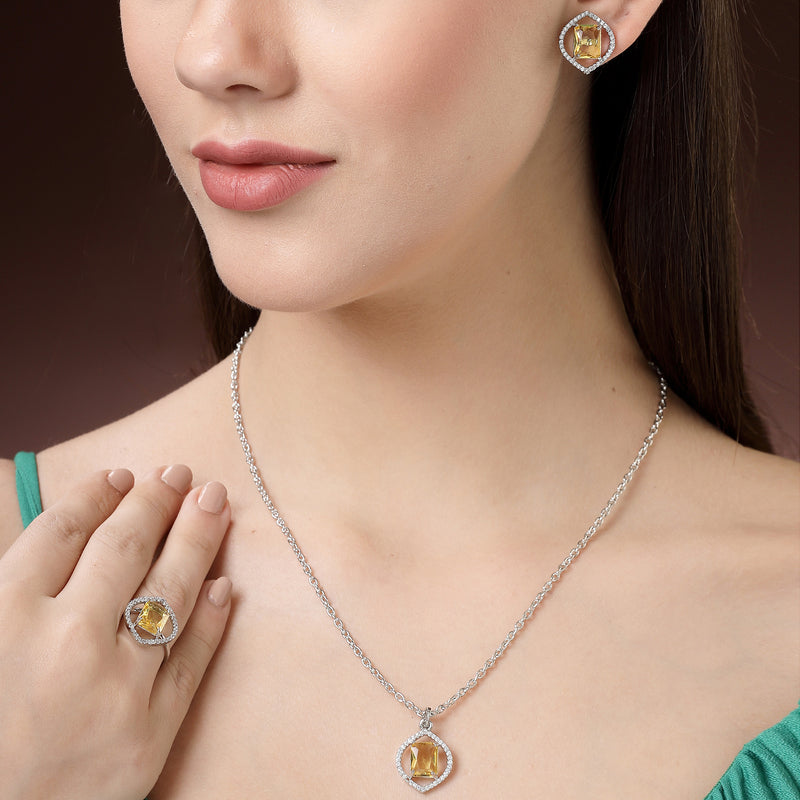 Rhodium Plated Silver Toned Yellow American Diamond Studded Pendant Combo With Ring