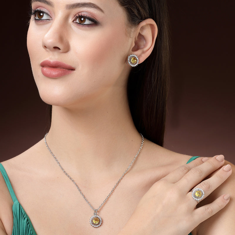 Rhodium Plated Silver Toned Crystal Yellow  American Diamond Studded Pendant Combo With Ring