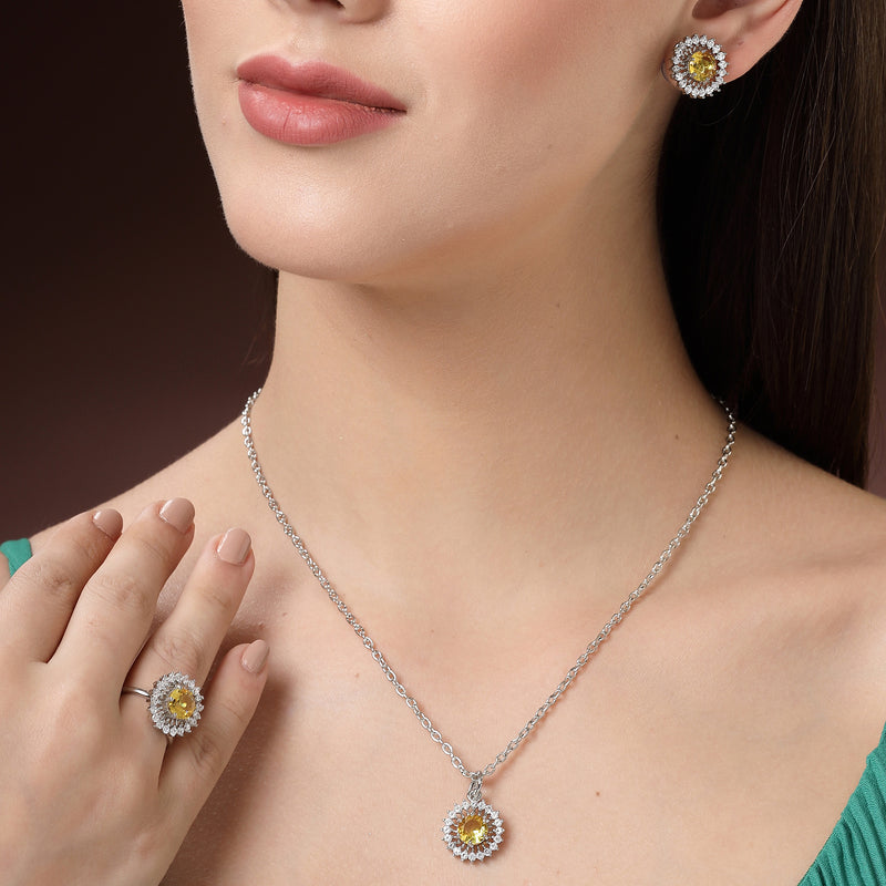 Rhodium Plated Silver Toned Crystal Yellow  American Diamond Studded Pendant Combo With Ring