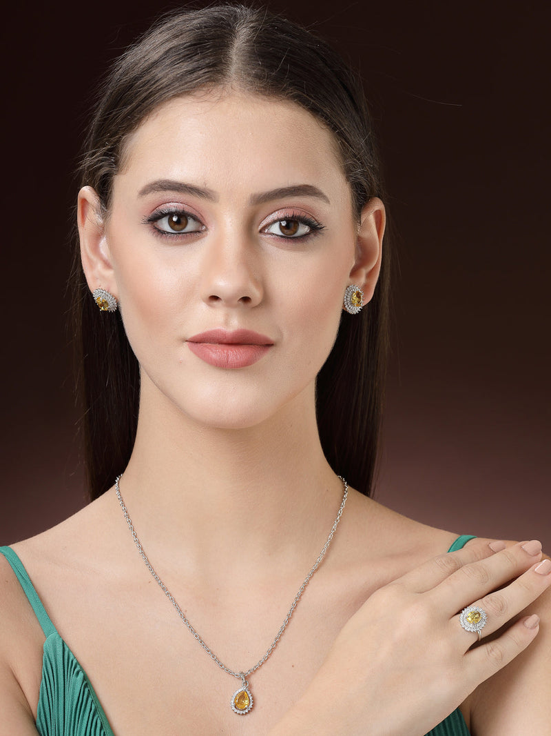 Rhodium Plated Silver Toned  Tear Dropped Shaped Yellow American Diamond Studded Pendant Combo With Ring