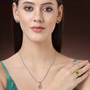 Rhodium Plated Silver Toned  Tear Dropped Shaped Yellow American Diamond Studded Pendant Combo With Ring